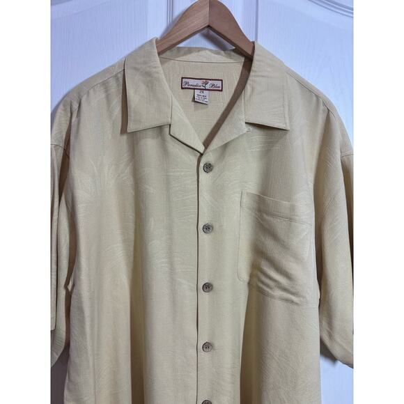 Paradise Blue Men 2X Yellow Silk Hawaiian Button Down Vacation Beach Relaxed - Picture 2 of 8